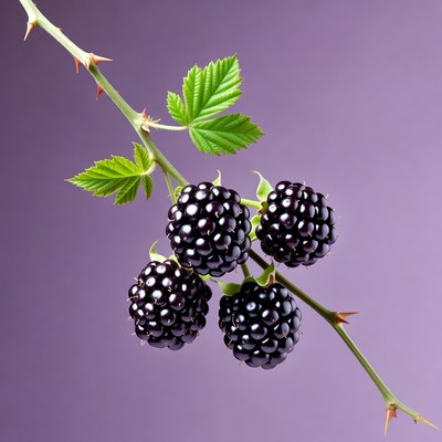 Ripe blackberries on thorny branch