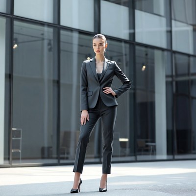 Woman in gray suit outside glass building