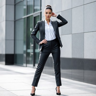 Business woman in suit against building