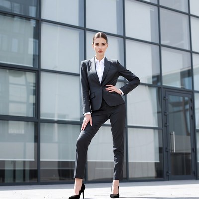 Business woman in suit against glass building
