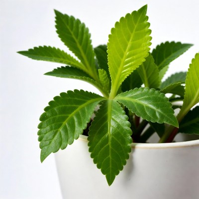 Green serrated leaves in white pot