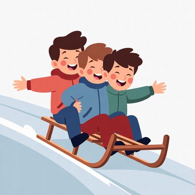 Three boys sledding down snowy hill