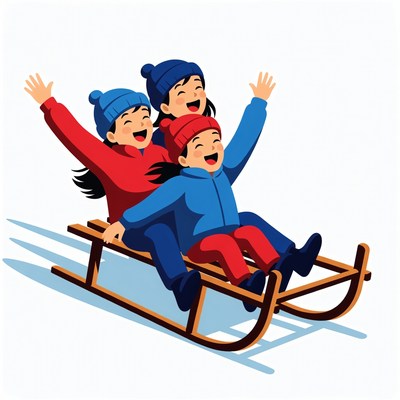 Three Asian kids sledding happily
