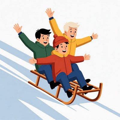 Three boys sledding down snowy hill