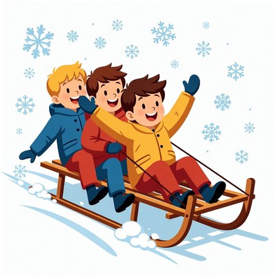 Three boys sledding with snowflakes