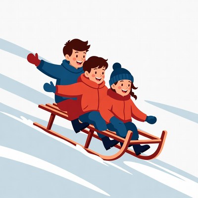 Three kids sledding down snowy hill