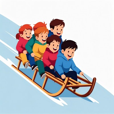 Children sledding together on snowy hill