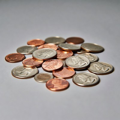 Pile of US pennies and quarters