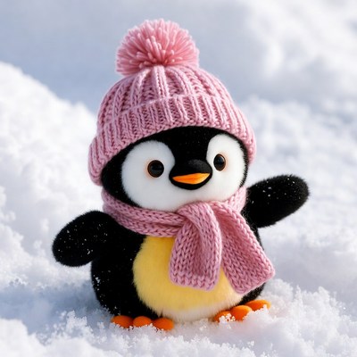 Penguin Wearing Pink Knit Hat Scarf
