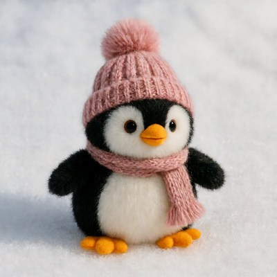 Cute penguin wearing pink hat scarf