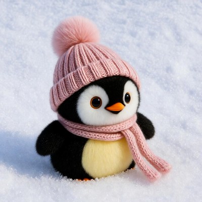 Cute penguin wearing pink hat scarf