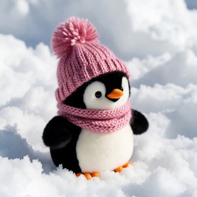 Penguin wearing pink hat scarf