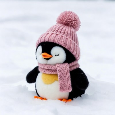 Cute penguin wearing pink hat scarf