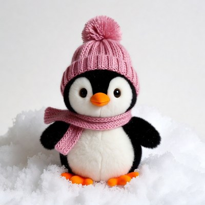 Cute penguin wearing pink hat scarf