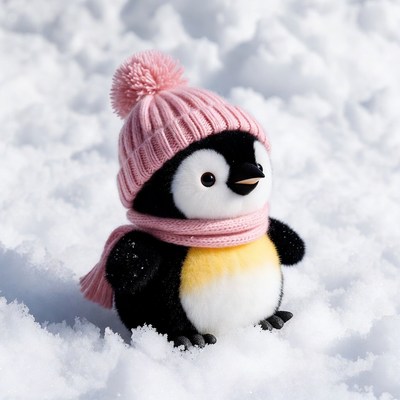 Baby penguin in pink hat scarf snow