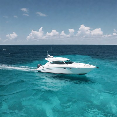 White luxury yacht speeding turquoise ocean