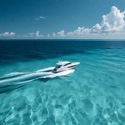 White yacht speeding in turquoise ocean
