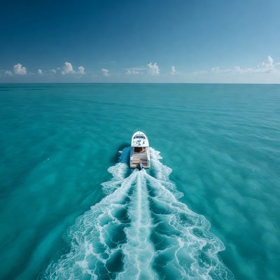 Speedboat trailing wake in turquoise ocean