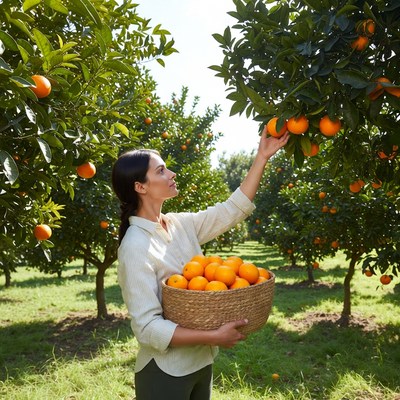 Woman picking oranges in orchard