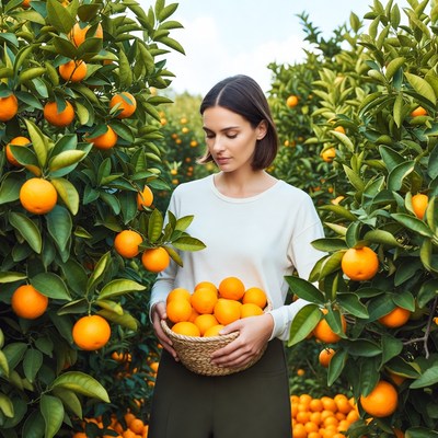 Woman holding oranges in orchard