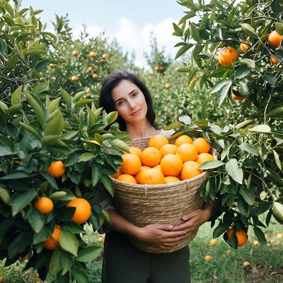 Woman holding basket of oranges in orchard