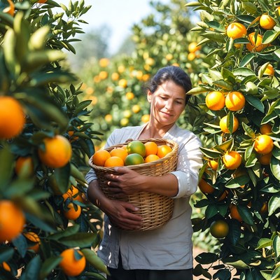 Woman harvesting oranges in orchard