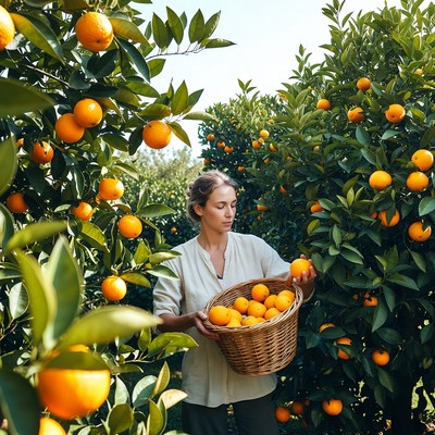 Woman picking oranges in orchard