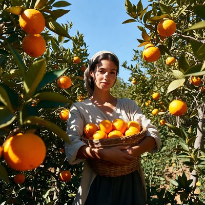 Woman holding basket of oranges in orchard