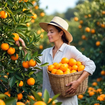 Woman picking oranges in orchard