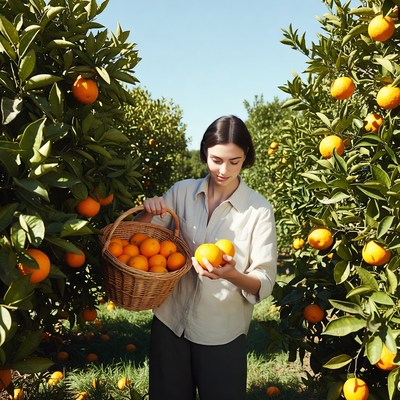 Woman harvesting oranges in orchard