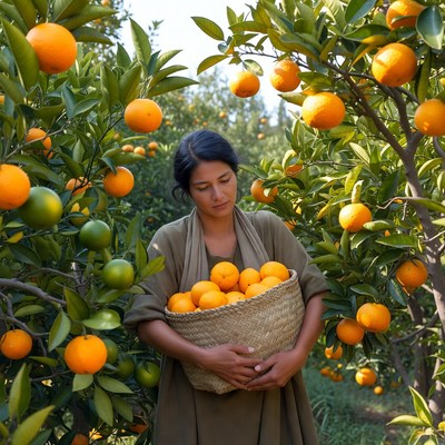 Woman holding oranges in orchard