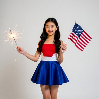 Asian girl with sparkler and American flag