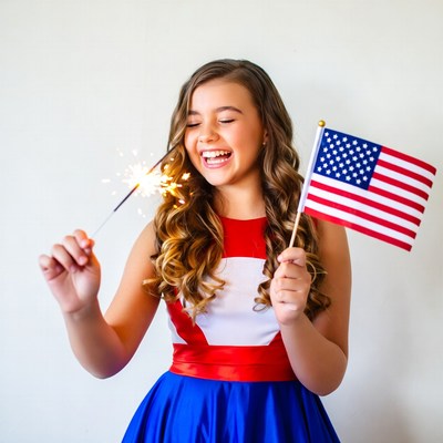 Girl holding sparkler and American flag