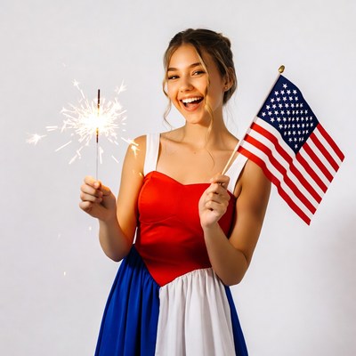 Woman holding sparkler and American flag