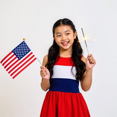Asian girl holding American flag sparkler