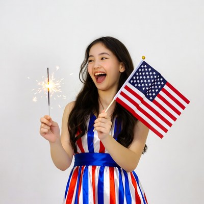 Asian girl holding sparkler and American flag