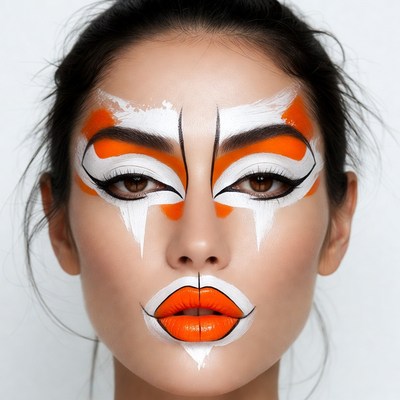 Asian woman with orange white face paint