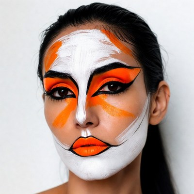 Woman with orange black white face paint