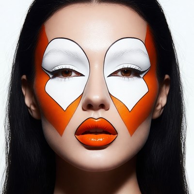 Woman with bold orange white face paint