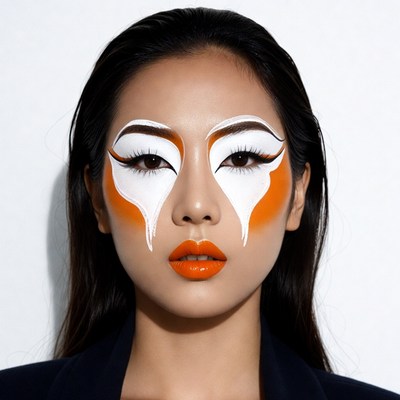 Asian woman with bold white orange makeup