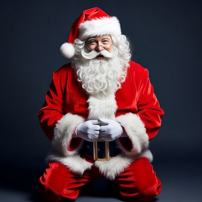 Smiling Santa Claus kneeling in red suit