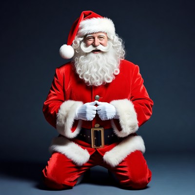 Santa Claus kneeling in red suit