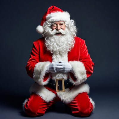 Smiling Santa Claus kneeling in red suit