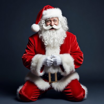 Smiling Santa Claus kneeling on knees