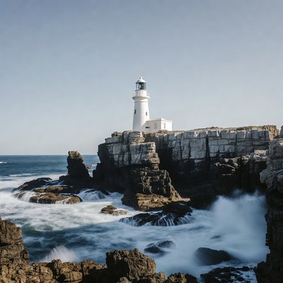White Lighthouse on Rocky Ocean Cliff