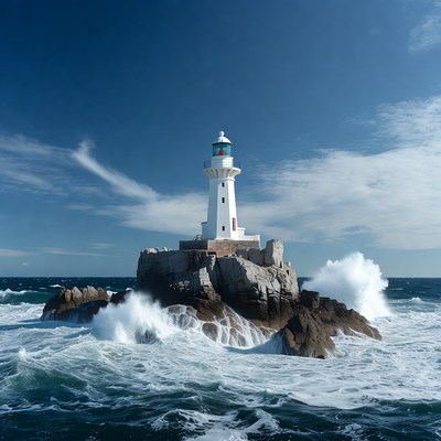 White lighthouse on rocky island waves