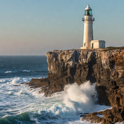 White Lighthouse on Ocean Cliff