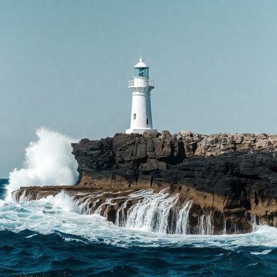 White Lighthouse on Rocky Cliff with Waves