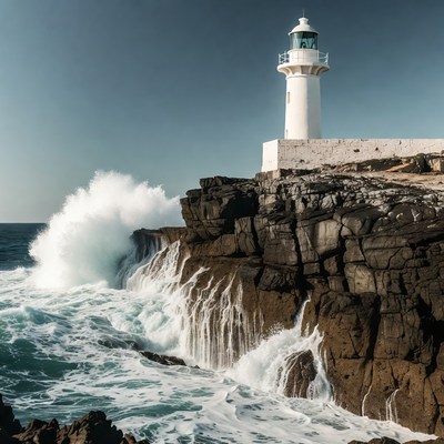 White Lighthouse on Cliff with Crashing Waves