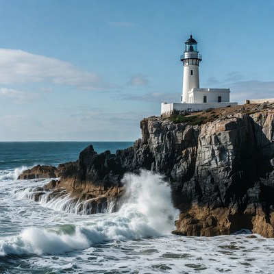 White Lighthouse on Cliff Over Crashing Ocean Waves